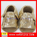 latest new western design hot sale handmade gold cow leather flat tassels kids shoes wholesale for baby